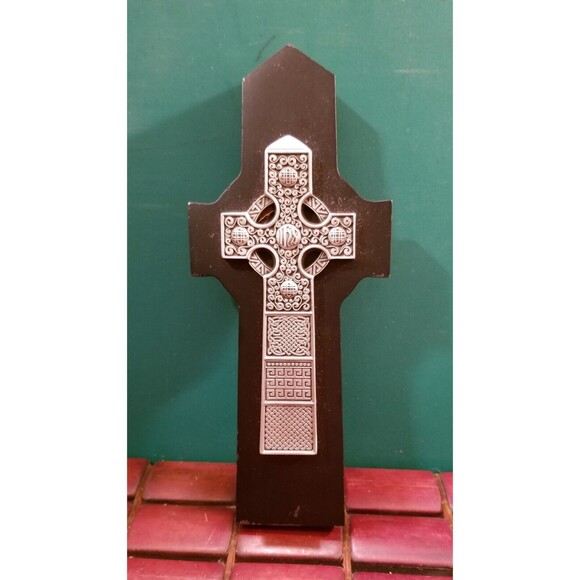 Vintage Pewter IHS Celtic Cross mounted on Black Wood by McVan 8"x3.38" - Picture 1 of 4